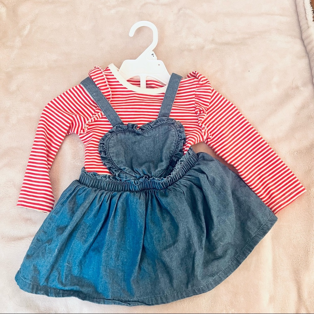 Striped red and white longsleeve onesie denim overall dress/overalls